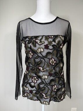 Trucco Womens Y2K Dark Floral Whimsigoth Mesh Floral Top Small Fairy Forest S